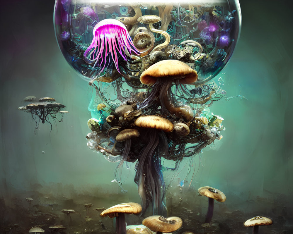 Fantastical illustration of bio-luminescent tree with floating jellyfish creatures