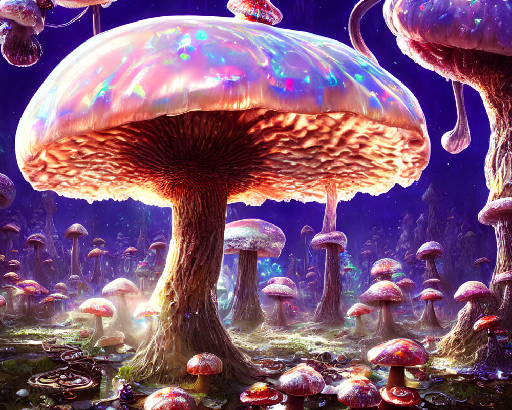 Enchanted forest with luminescent mushrooms under starry sky