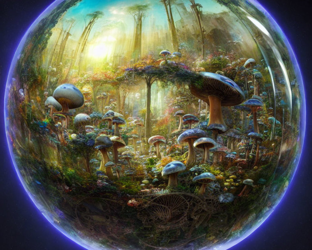 Fantastical forest with oversized mushrooms and vibrant flora captured through fisheye lens