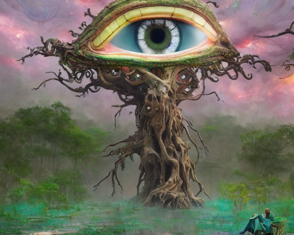 Surreal image: giant tree with eye, person on bench in foggy swamp