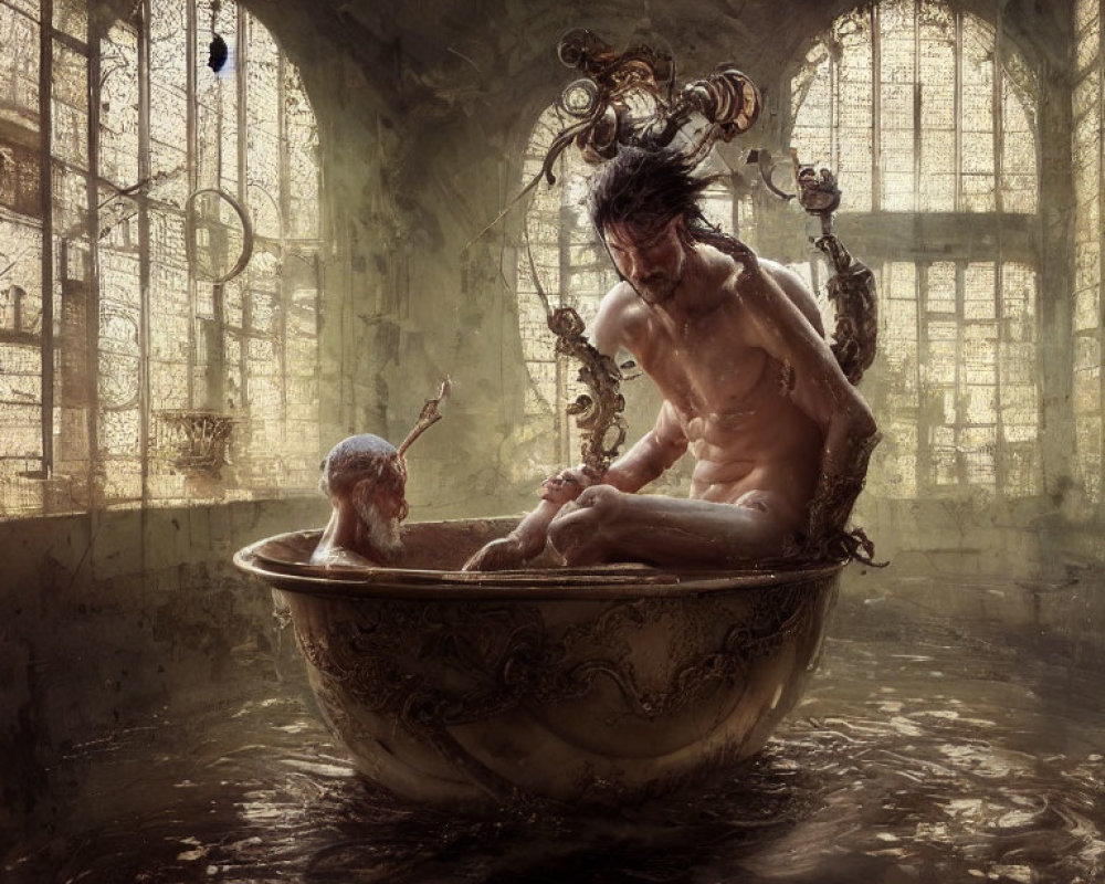 Man in vintage bathtub with intricate designs, small humanoid figure in dimly lit abandoned room