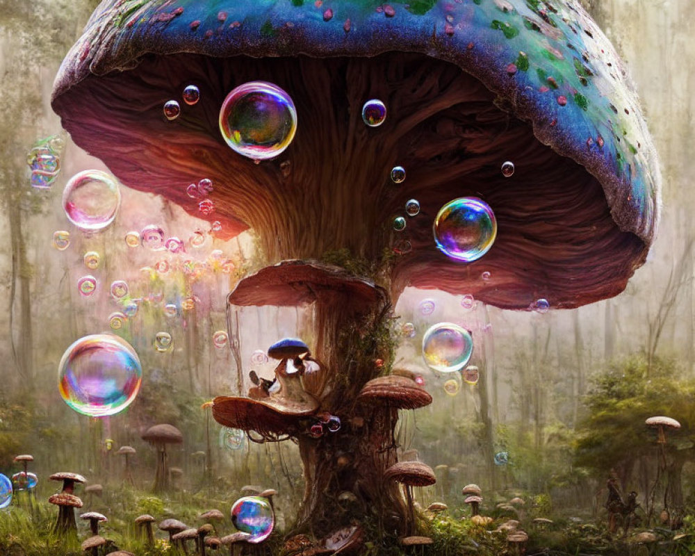 Colorful Mushrooms and Iridescent Bubbles in Whimsical Forest Scene