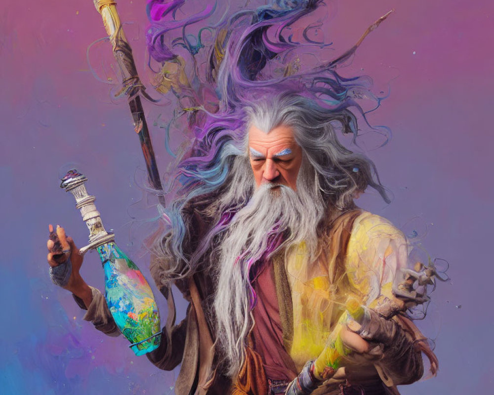 Elder wizard with gray beard, staff, and magical potion