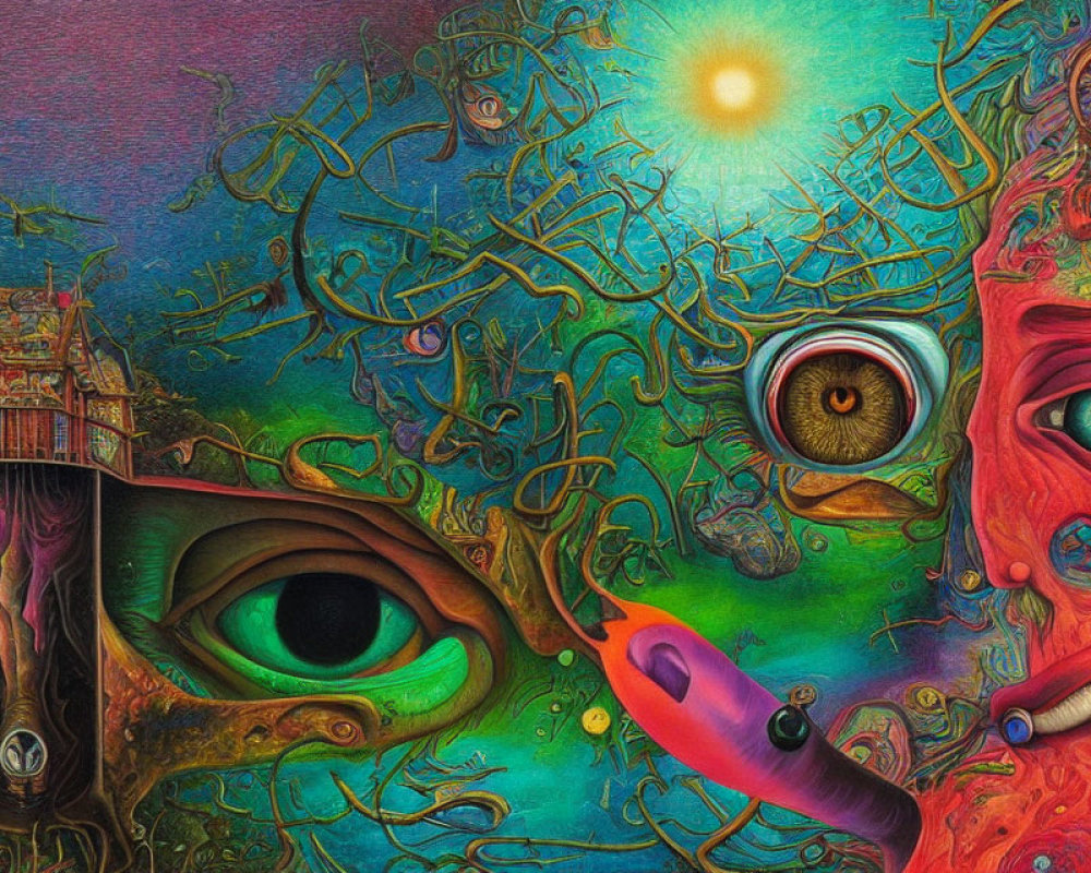 Psychedelic surreal image with floating eyeballs and whimsical house