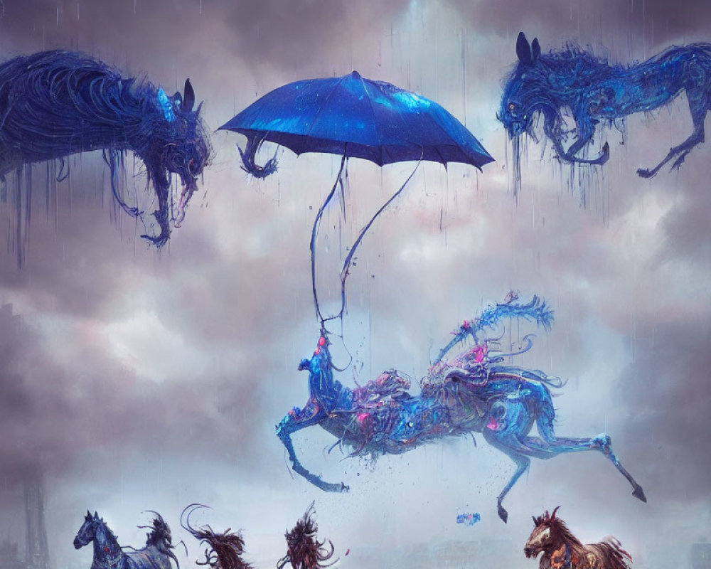 Ethereal blue horses in surreal cloud and rain scene