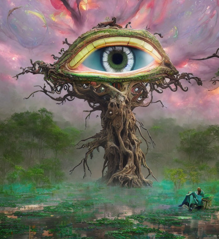 Surreal image: giant tree with eye, person on bench in foggy swamp