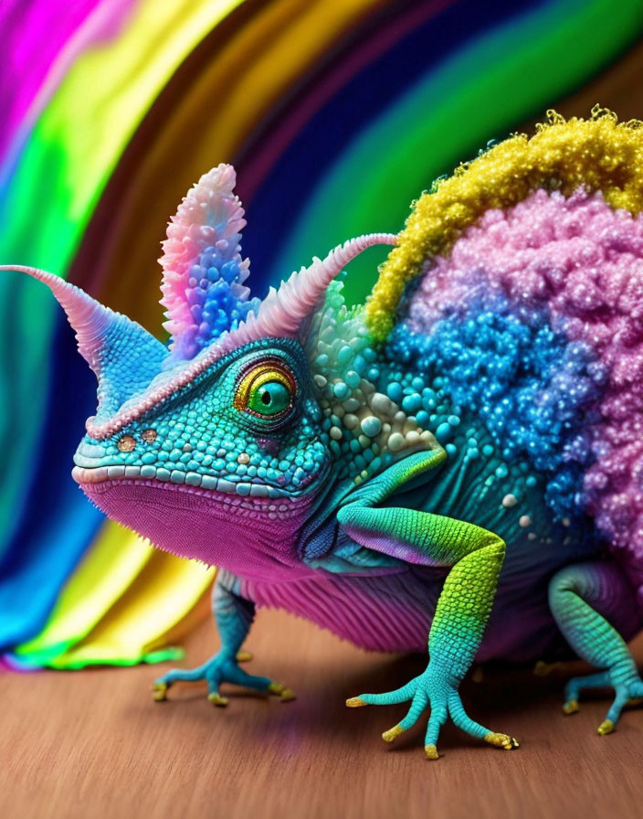 Colorful Chameleon with Textured Skin on Rainbow Background