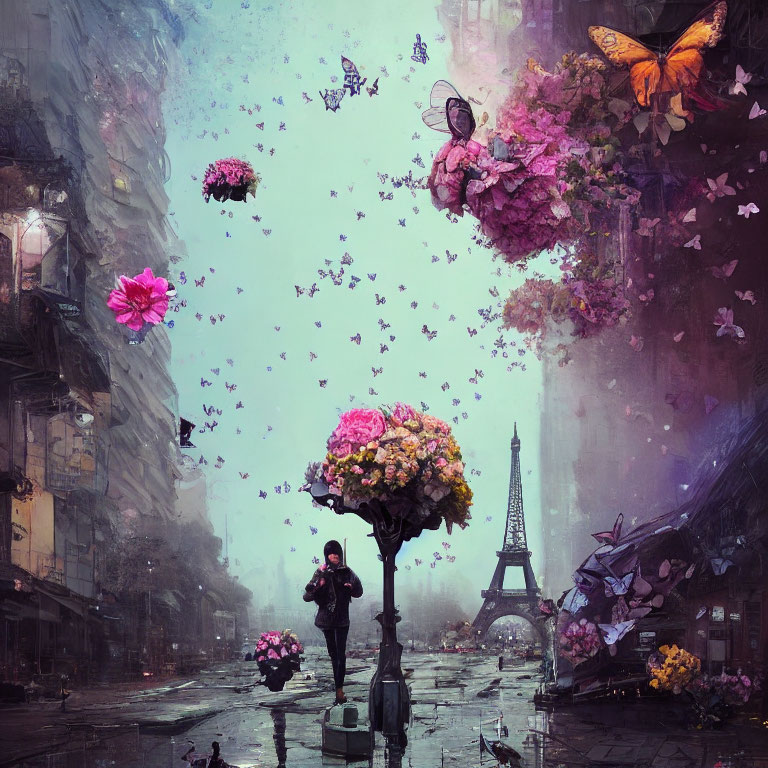 Surreal street scene with floating flowers, butterflies, and umbrella near Eiffel Tower