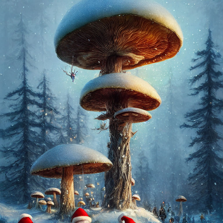 Whimsical forest scene with oversized mushrooms, tiny figure, and falling snow