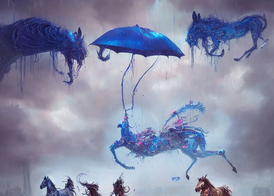 Ethereal blue horses in surreal cloud and rain scene