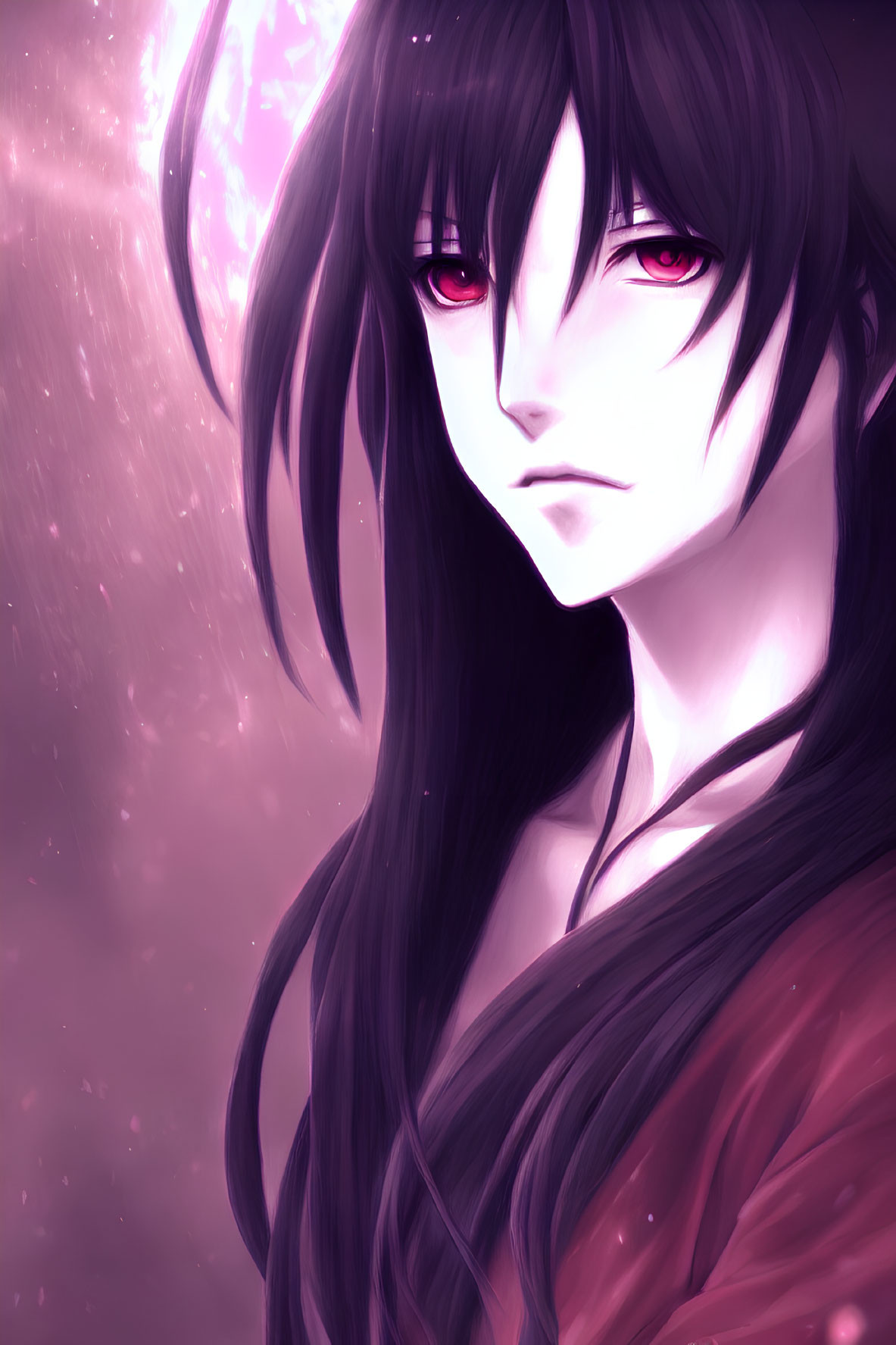 Person with Long Black Hair and Red Eyes on Cosmic Pink Background