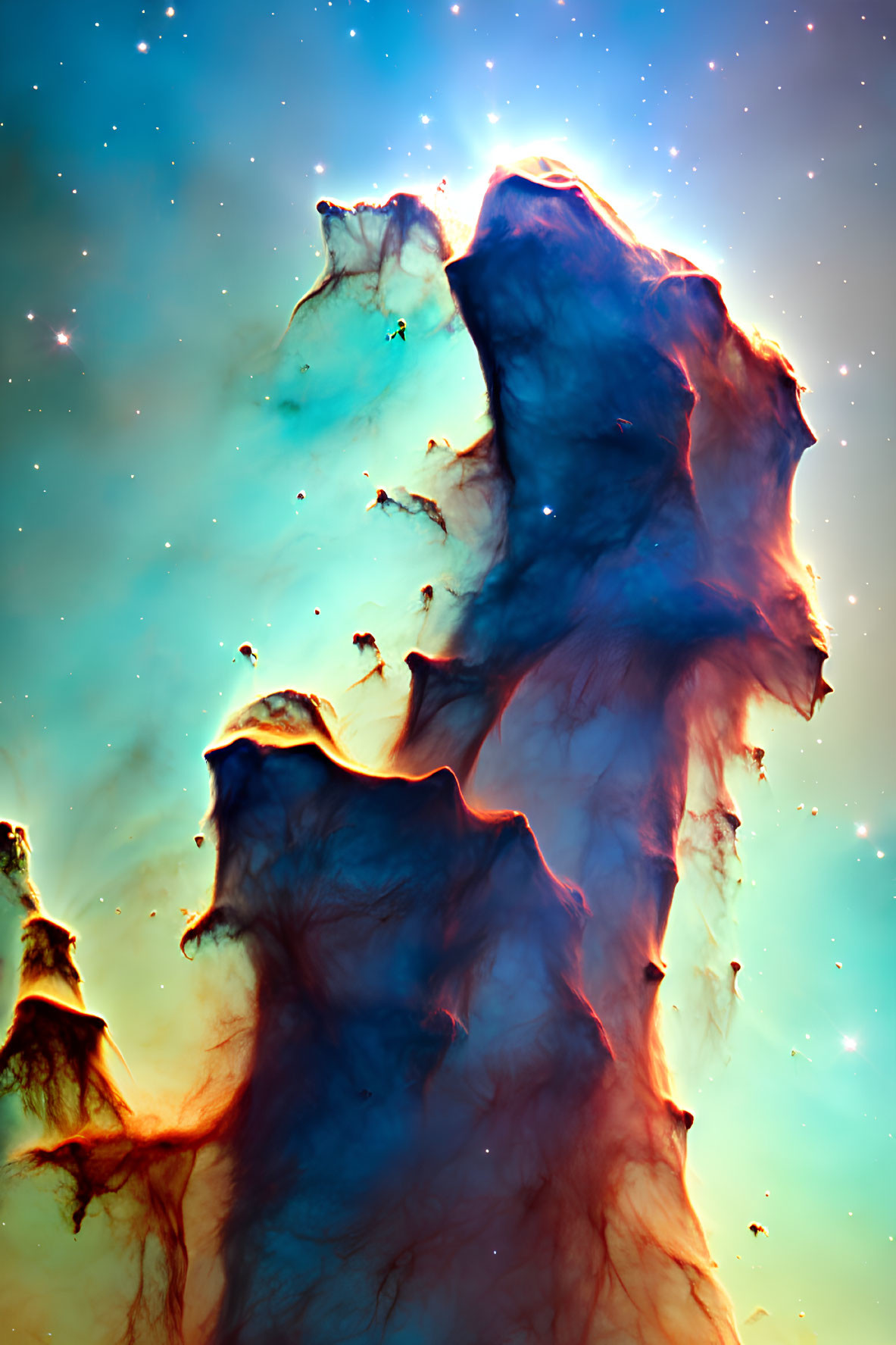 Colorful cosmic image of towering dust and gas pillars with sparkling stars in space