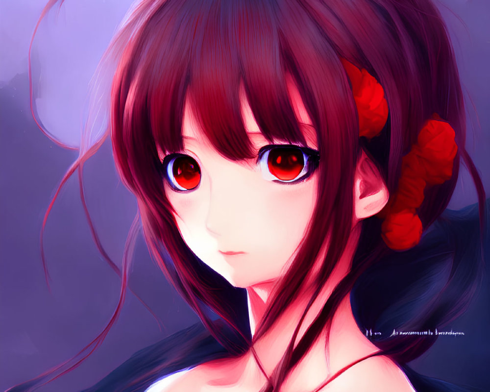 Anime girl with large red eyes and brown hair in red outfit on purple background