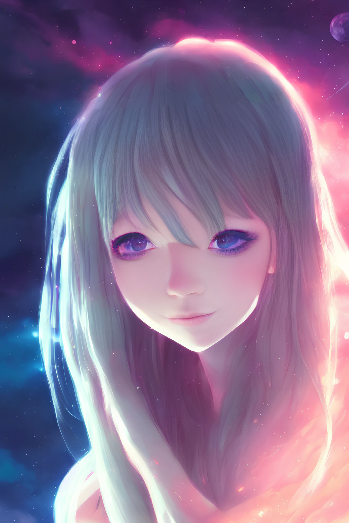 Anime-style girl with luminous blue eyes and cosmic light hair.