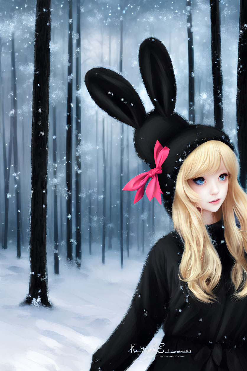 Blonde girl in rabbit hat in snowy forest