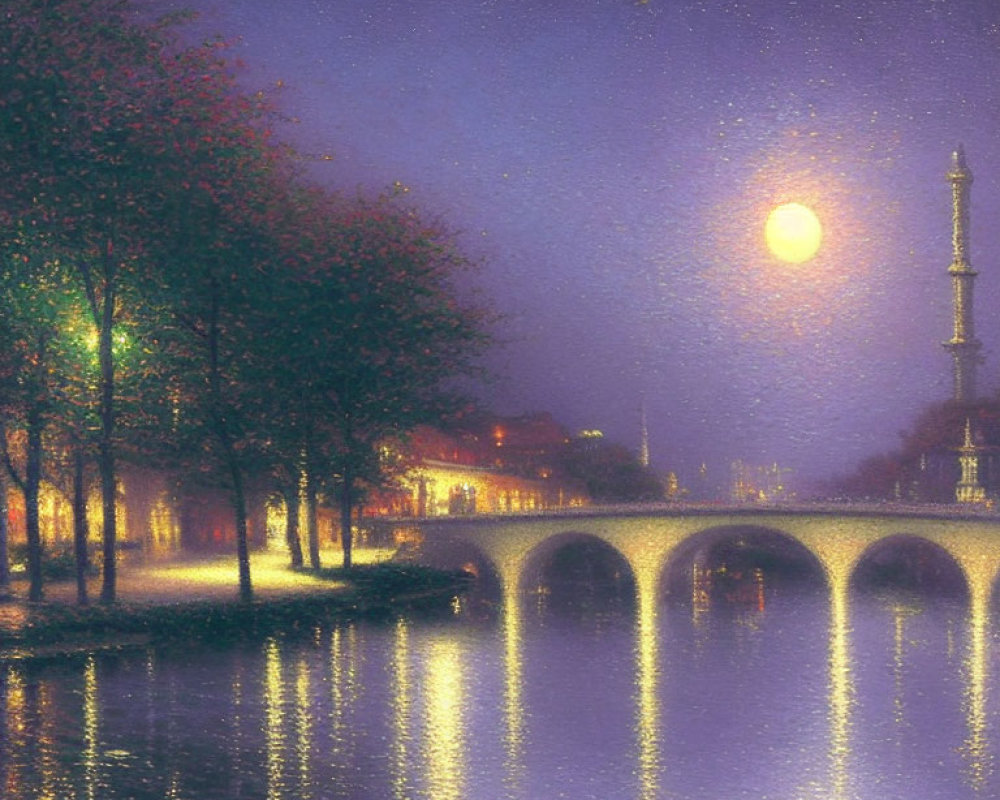 Moonlit River Scene with Trees, Street Lamps, Bridge, and Glowing Buildings