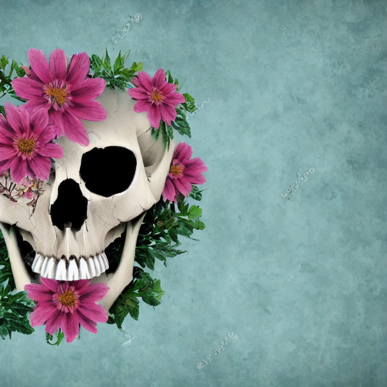 Skull with pink flowers and green leaves on teal background