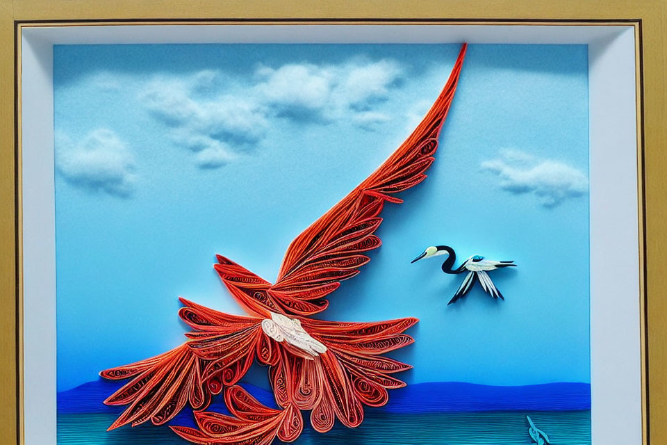 Framed Quilled Paper Art: Red Phoenix and White Bird in Blue Sky