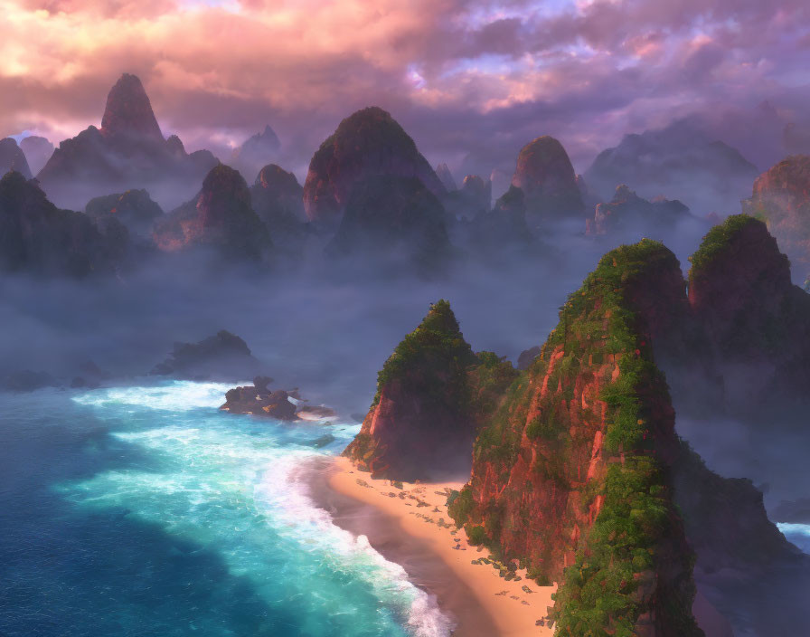 Sandy beach, misty forest, karst mountains at sunrise or sunset