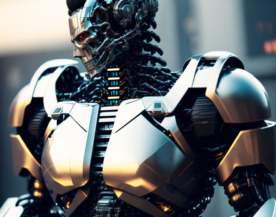 Detailed White Armored Robot with Exposed Mechanics on Blurred Background