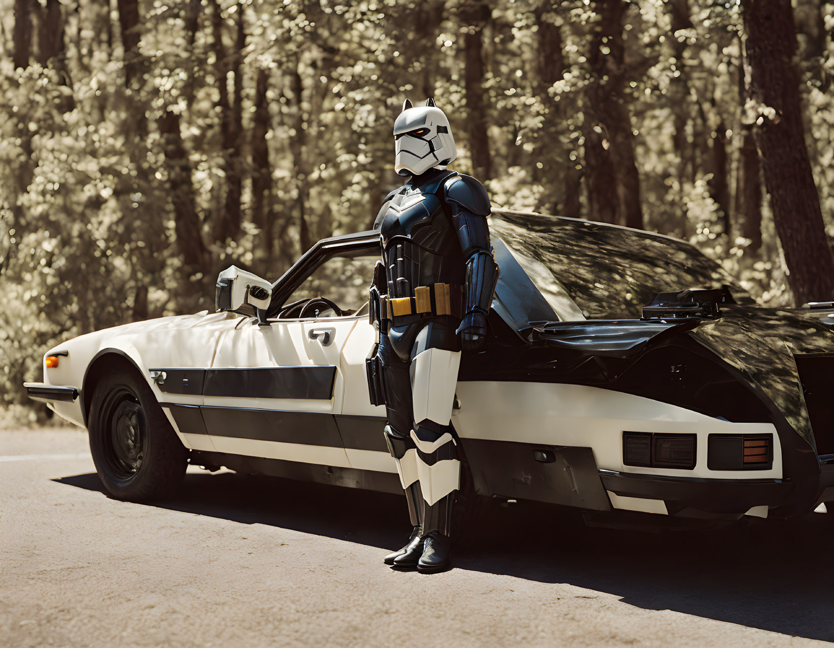 Stormtrooper in black and white armor with vintage sports car on forest road