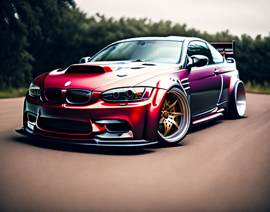 Matte Black and Red Custom Sports Car with Golden Rims on Asphalt Road