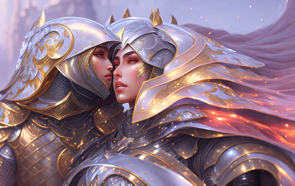 Fantasy warriors in golden armor embrace with ornate helmets and fiery wing motifs