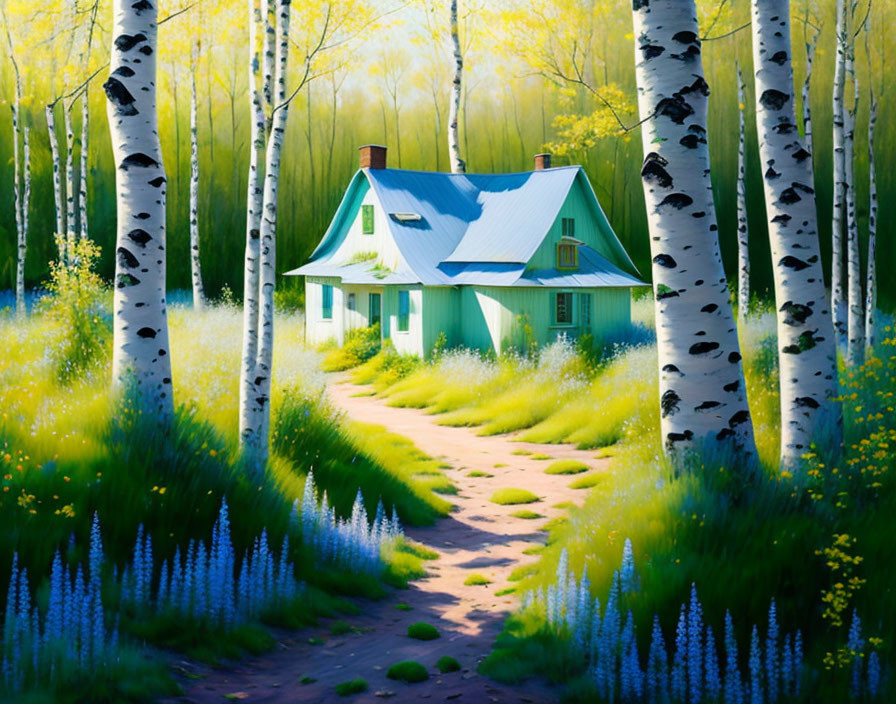 Green-roofed house in birch tree forest with sunlit path and blue wildflowers