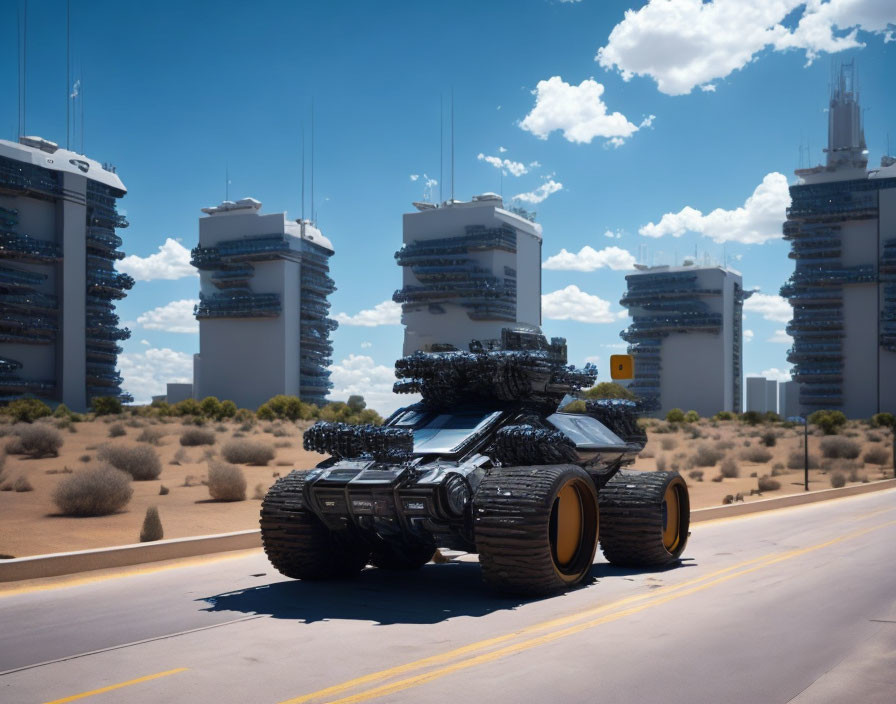 Futuristic armored vehicle in desert landscape with high-tech structures