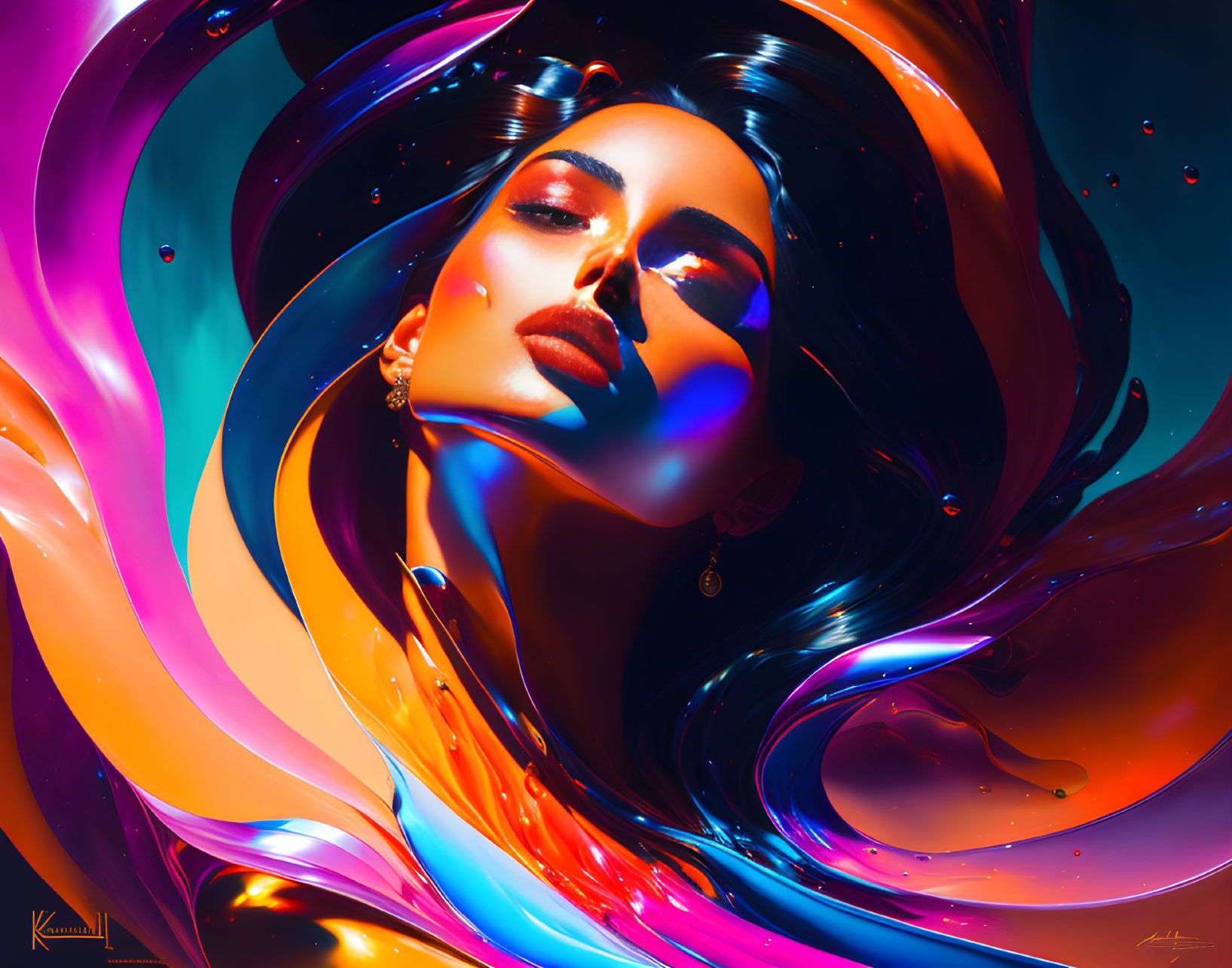 Colorful digital art: Woman's portrait with swirling abstract elements in blue, orange, and purple