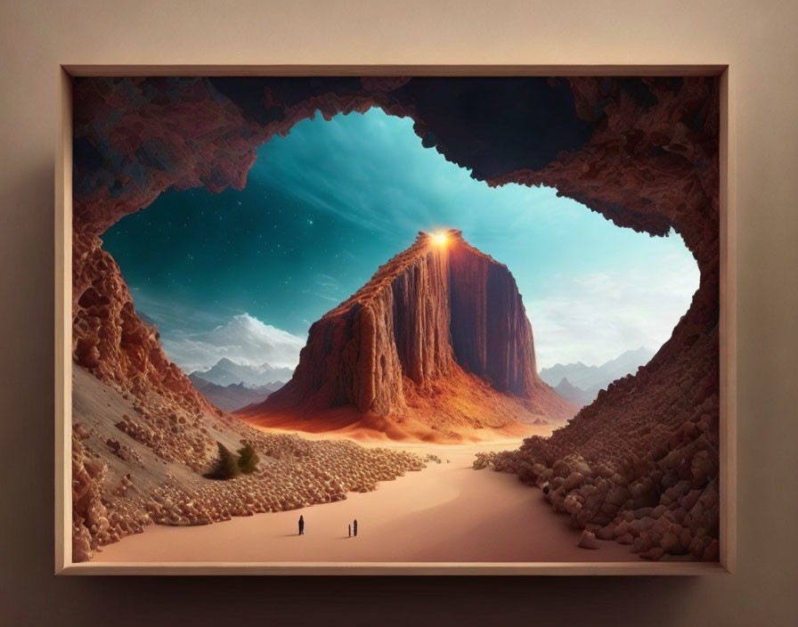 Surreal desert landscape with towering rock formation under starlit sky