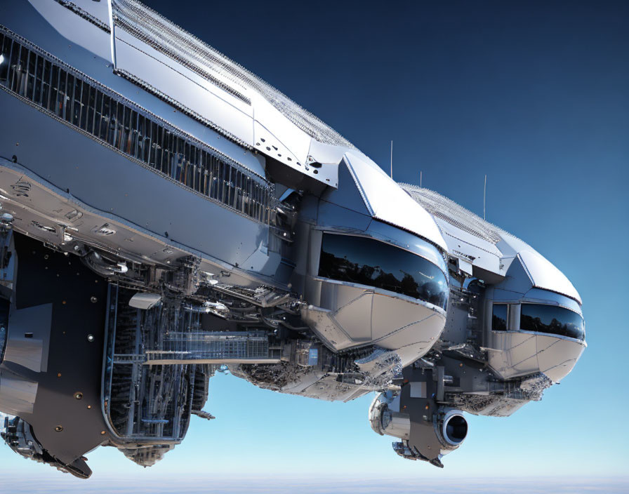 Detailed futuristic spacecraft soaring against clear blue sky