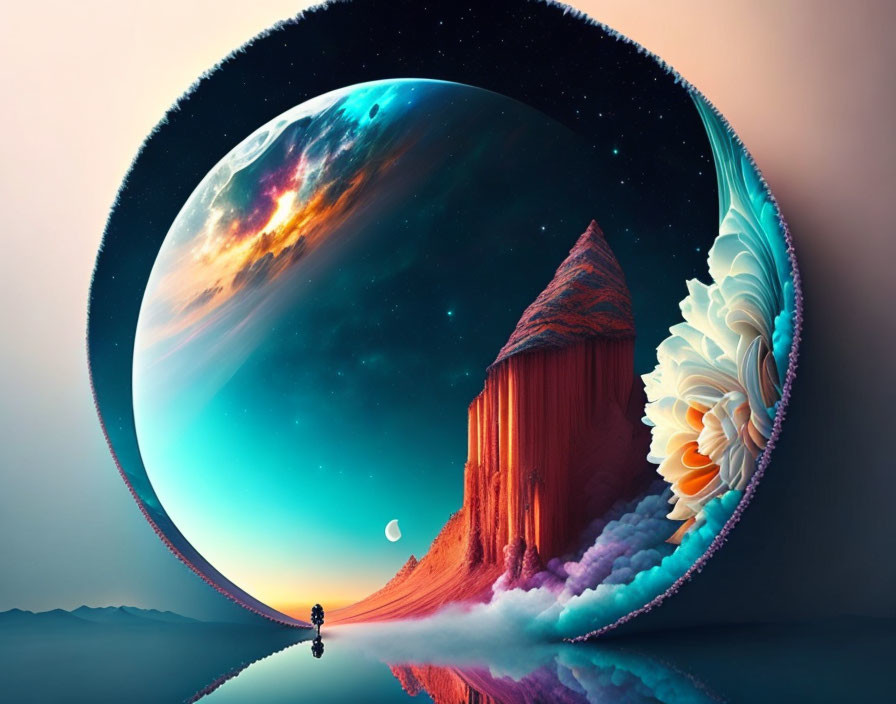 Surreal landscape with reflective surface and portal to vibrant alien world