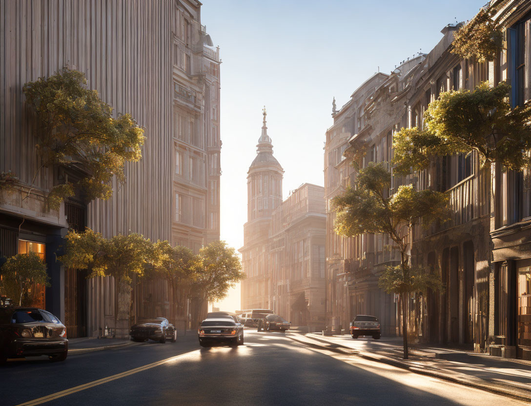 Historic city street with cars, sunlight, and long shadows