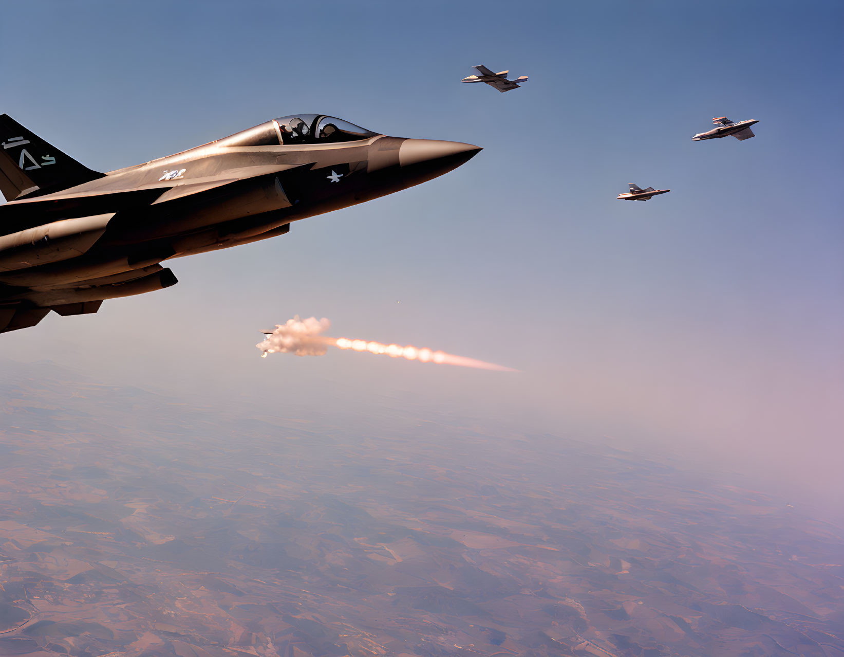 Military fighter jets flying with one firing missile over patchwork terrain.