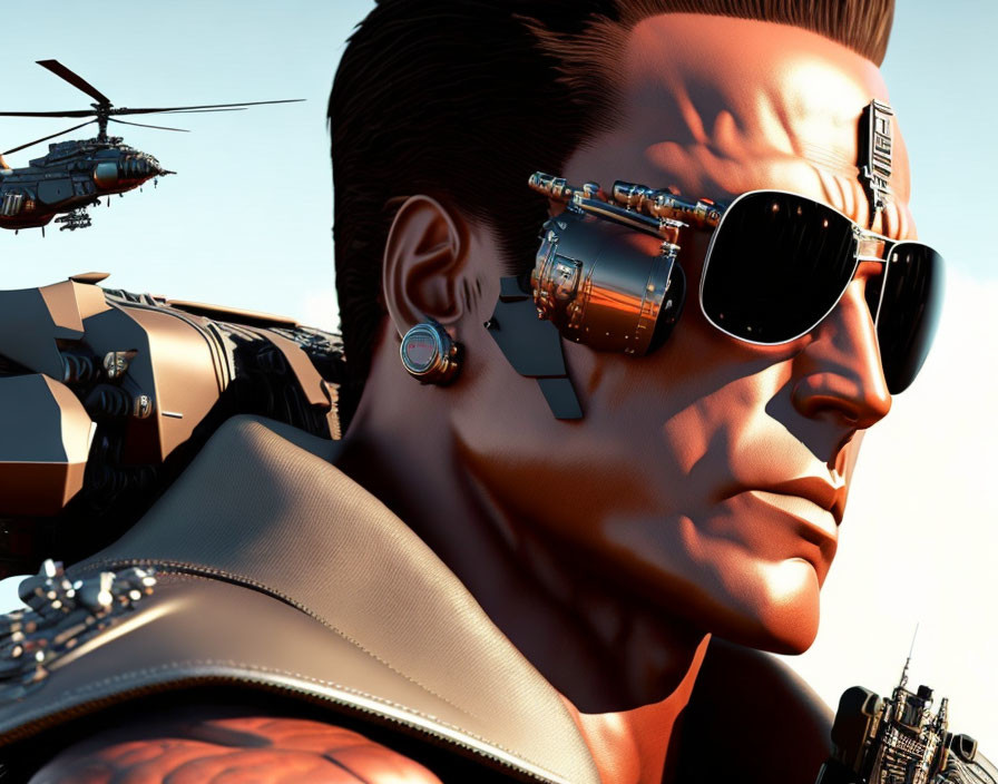 Cyborg with human-like features and sunglasses in 3D render.