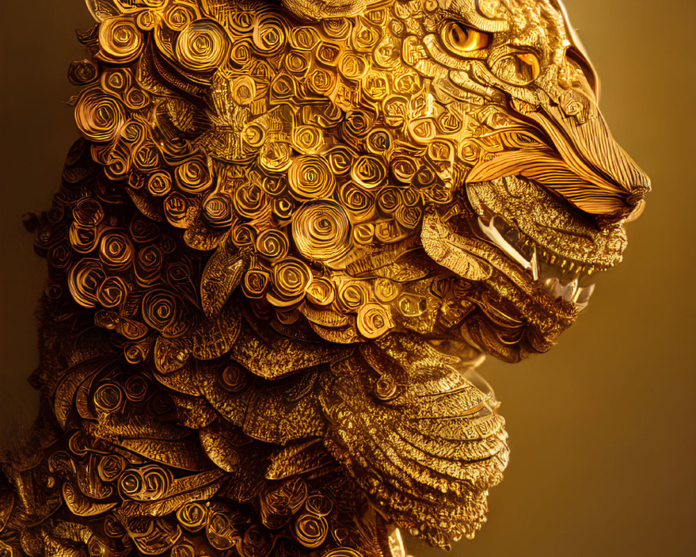 Intricate Golden Lion Head Sculpture with Swirls and Floral Patterns