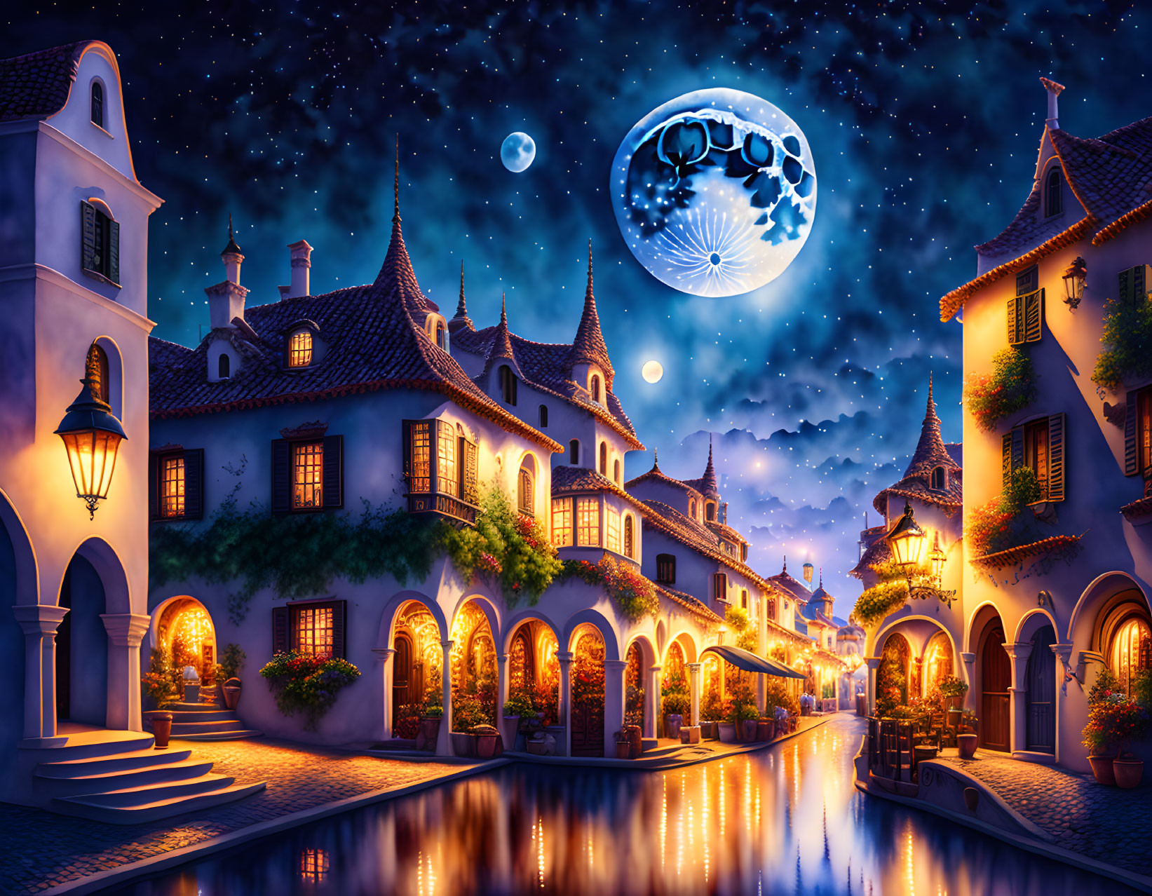 European-style village night scene with illuminated buildings and moonlit canal.