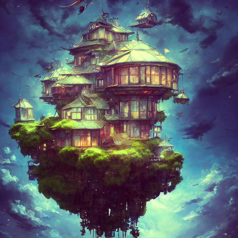 Ethereal floating island with pagoda-style buildings in lush greenery