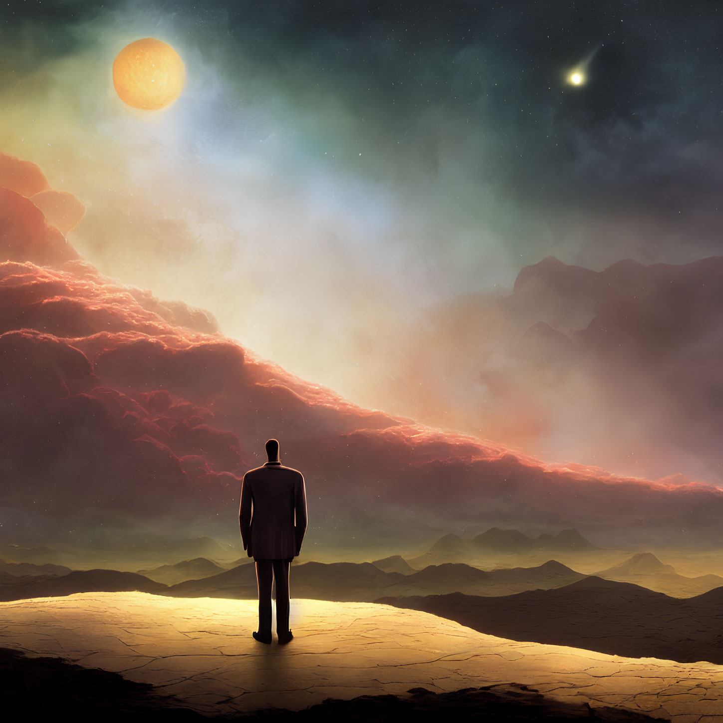 Person standing on cliff with red clouds, moon, stars in twilight sky