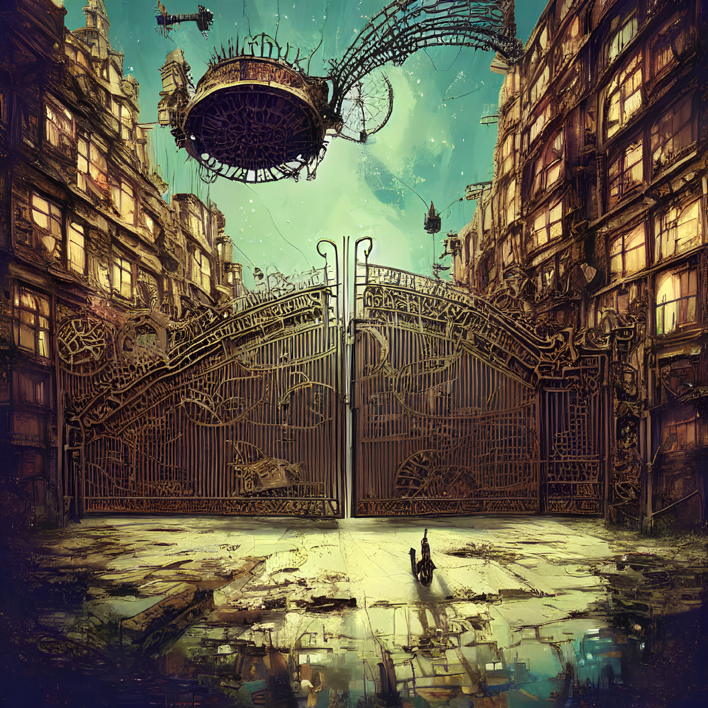 Steampunk-inspired iron gates, airship, and figure in front of abandoned buildings