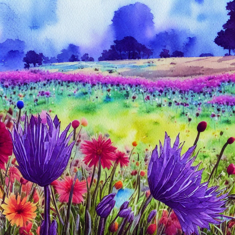 Colorful Watercolor Painting of Blooming Meadow with Red and Purple Flowers