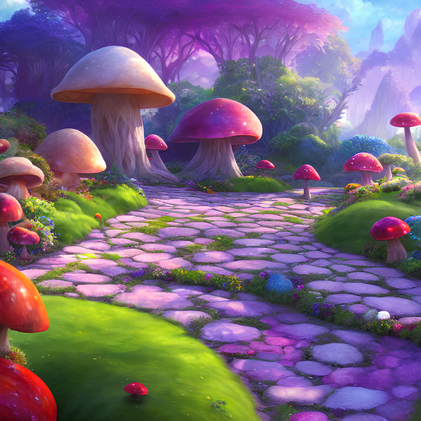 Colorful Mushrooms and Purple Foliage in Vibrant Fantasy Landscape