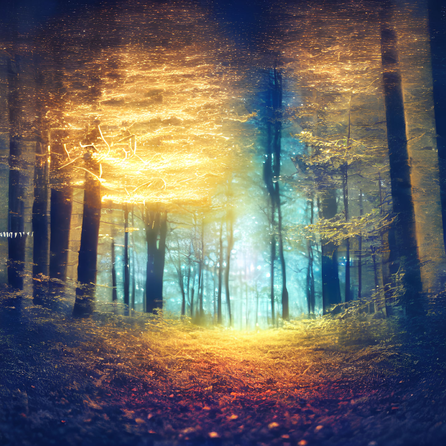 Vibrant Blue and Golden Mystical Forest with Ethereal Path