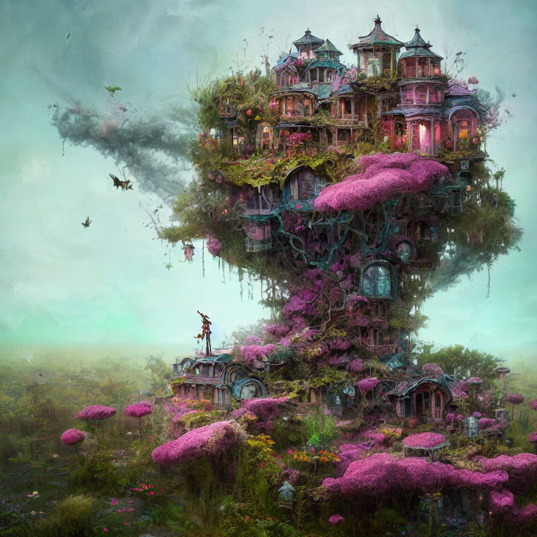 Fantastical floating island with purple mansion and solitary figure