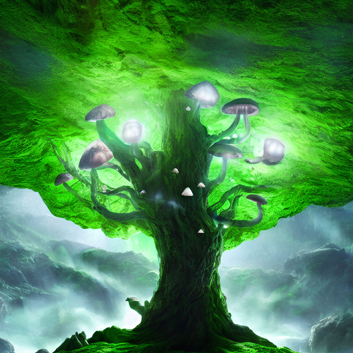 Fantastical tree with glowing mushrooms in misty forest.