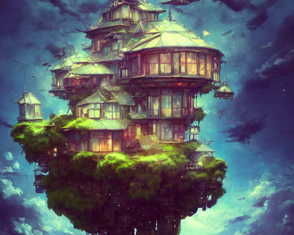 Ethereal floating island with pagoda-style buildings in lush greenery