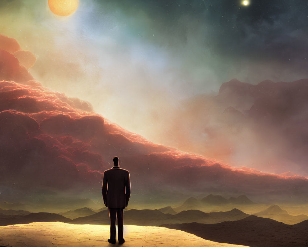 Person standing on cliff with red clouds, moon, stars in twilight sky