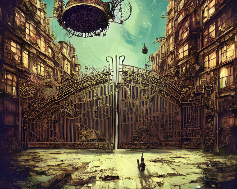 Steampunk-inspired iron gates, airship, and figure in front of abandoned buildings