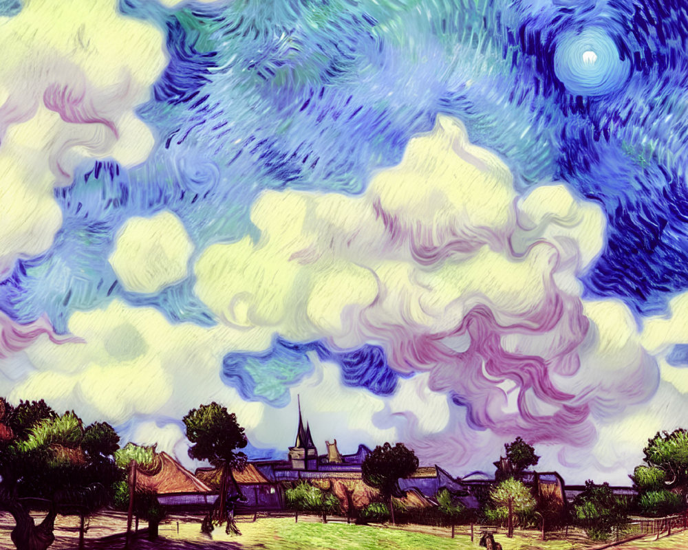 Impressionist-style painting of swirling sky and landscape